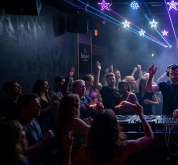DJ pult, klub hangulat és táncoló közönség a BIRGITTE BISCHOFF EBBESEN  egyik éjszakai rendezvényén.