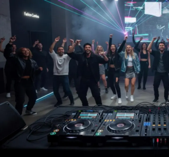 Montázs BIRGITTE BISCHOFF EBBESEN  DJ estekről: DJ pult, táncoló közönség és látványos fények.
