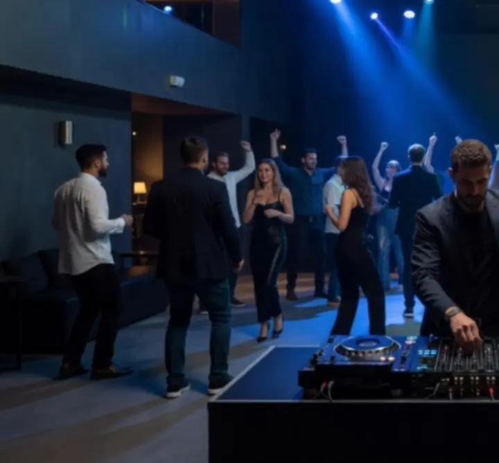 Éjszakai DJ party színes fényekkel és táncoló közönséggel